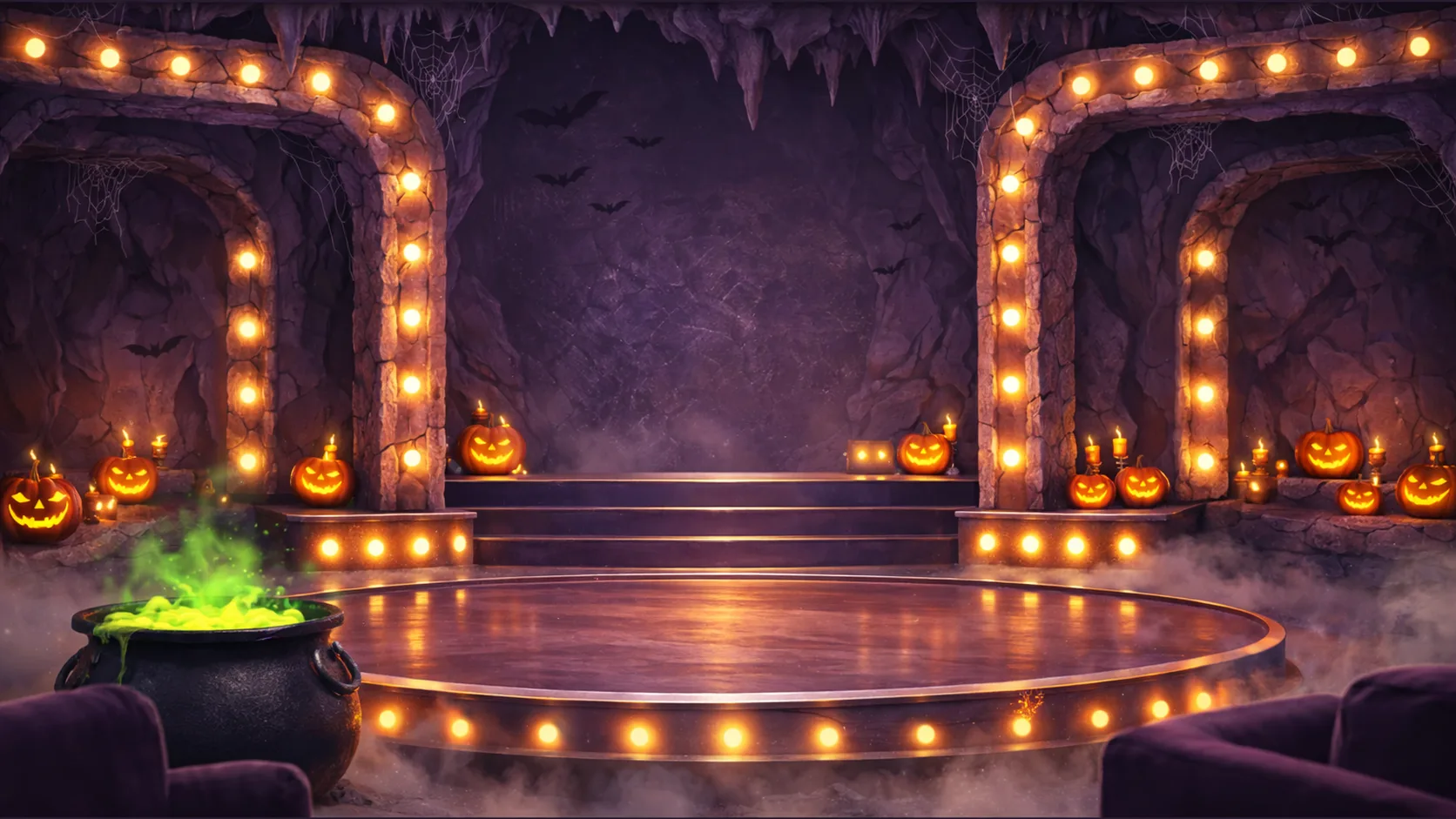 The Spooky Cave: a cave stage with pumpkins, arches of lights and a green cauldron